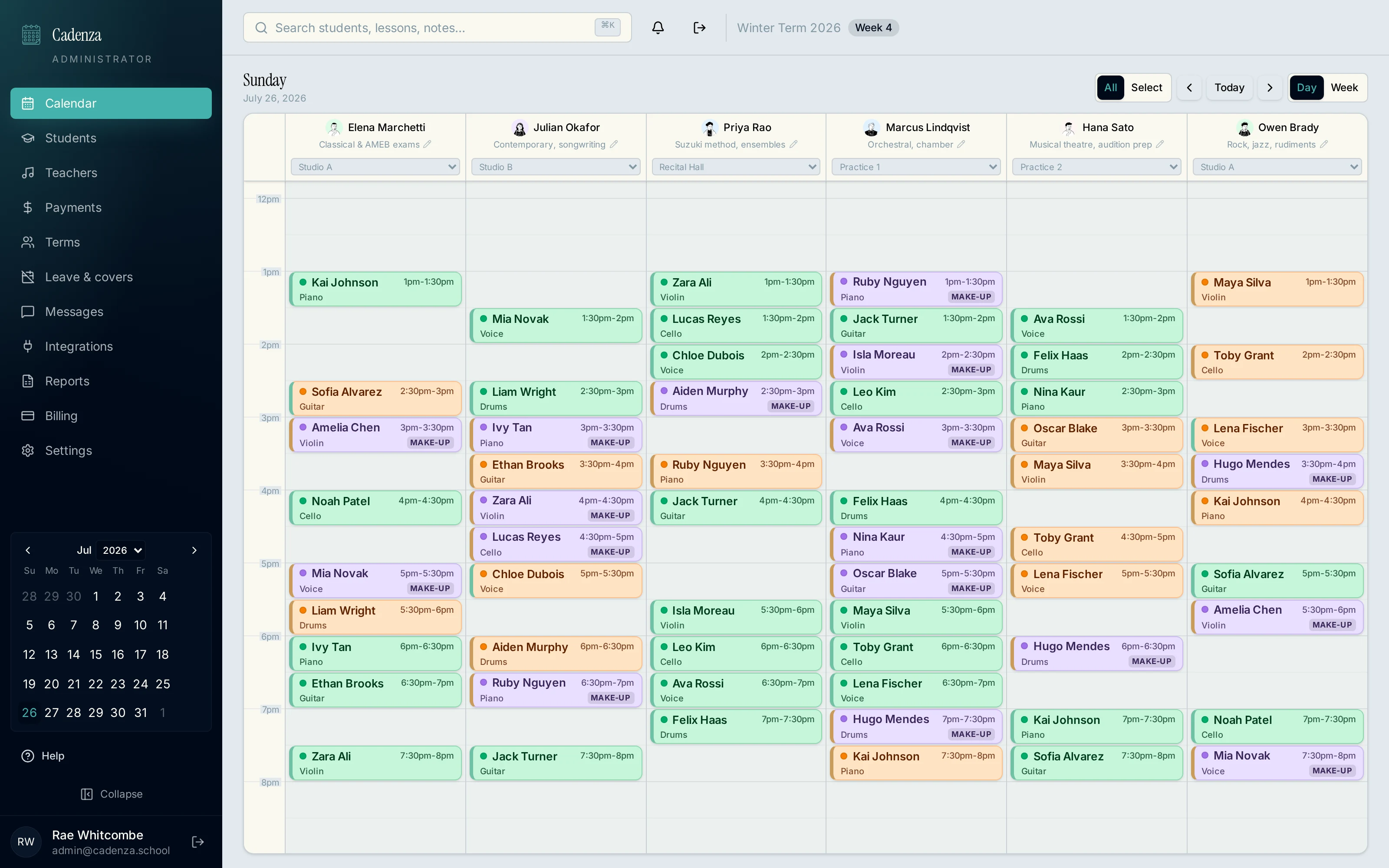 Cadenza administrator calendar with staff columns and appointments